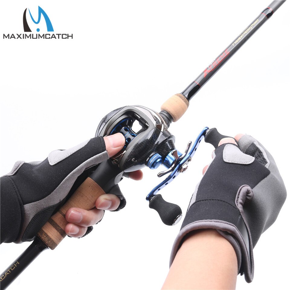1 par de guantes de pesca de neopreno elásticos de medio dedo Maximumcatch, guantes de pesca antideslizantes impermeables, Color negro y gris