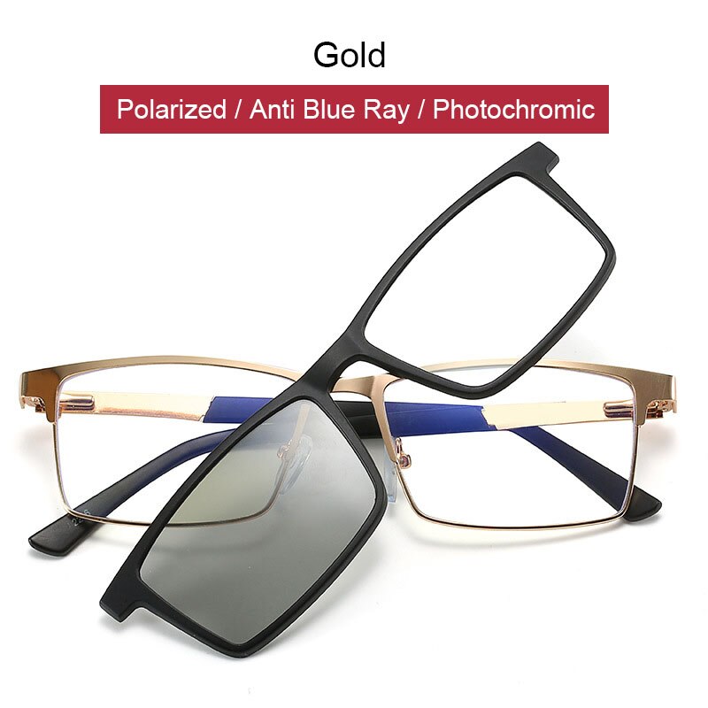 2 in 1 Magnetic Bifocal Reading Glasses Men Photochromic Polarized Clip on Sunglasses lens set Women Anti Blue light Eyewear: +100 / Gold