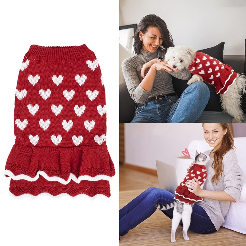 Small dog sweater dress winter warm dog princess dress for female girls red heart puppy dress dog pullover knitwear