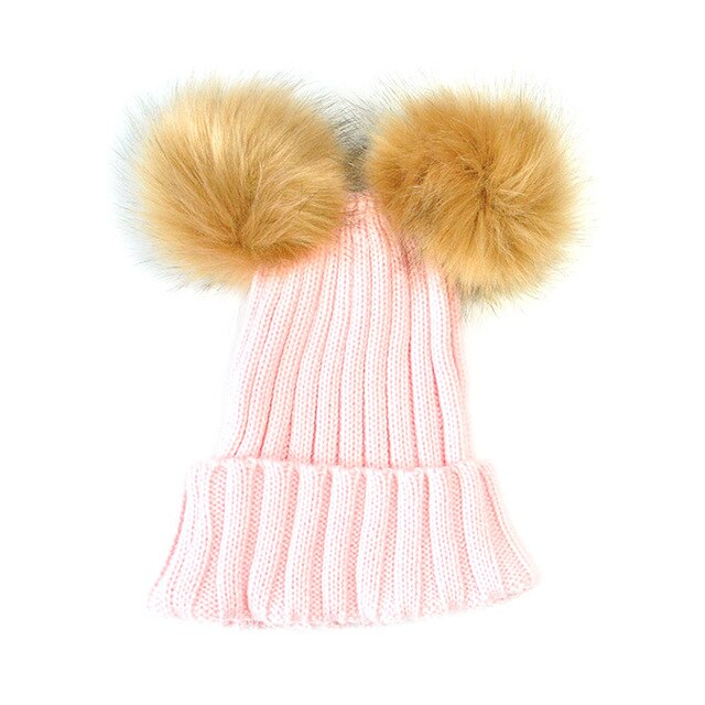 Baby børn voksne vinter varm beanie dobbelt pels pom bobble strikket hat cap: Lyserød