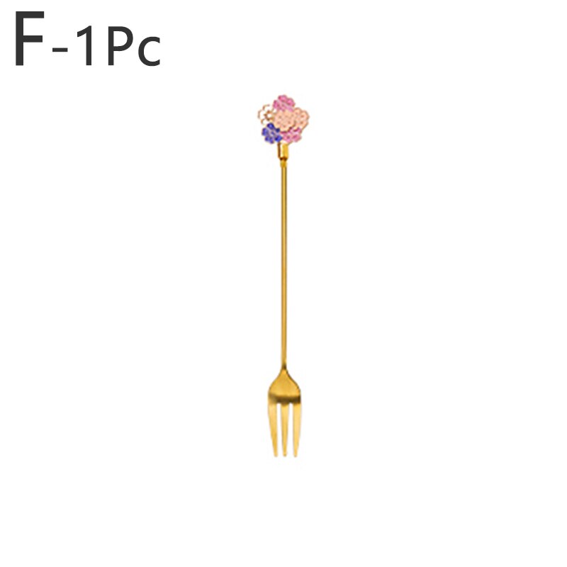 Cherry Blossom Daisy Pattern Spoon Fork Stainless Steel Thin Handle Tea Spoon Coffee Stirring Dessert Fork Tableware: F