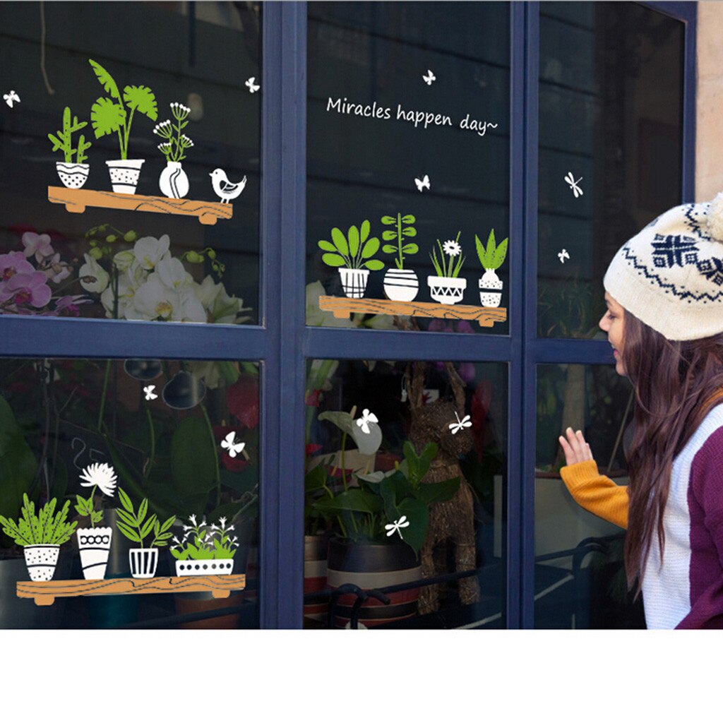 Window Stickers Small Fresh Plants Potted Plants Glass Door Cafe Decorative Wall Stickers Pastoral Style