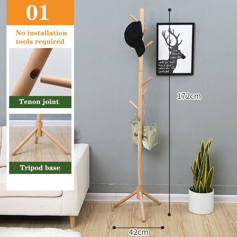Solid Wood Coat Rack, Floor-to-Ceiling Bedroom Hanger, Single Pole Vertical Clothes Rack, Home Office Simple Hanging