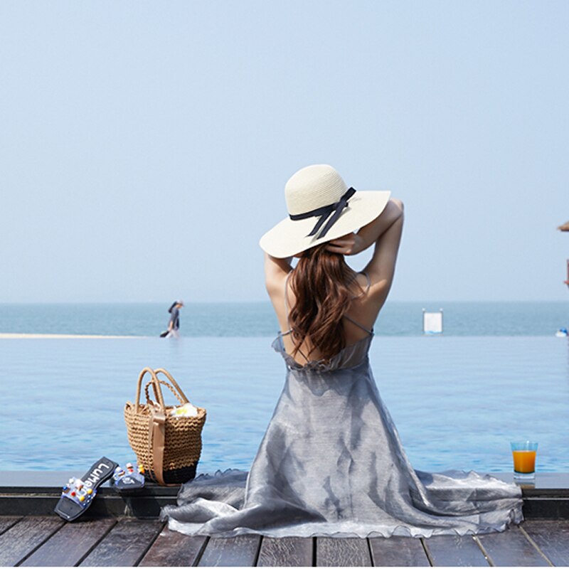 Zomerse eenvoudige opvouwbare brede rand slappe strohoed voor meisjes, zonnehoed, strandhoed voor dames, uv-beschermende reispet voor dames