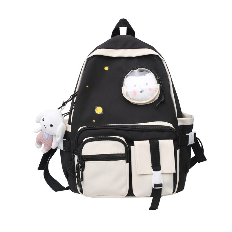 Women Travel Backpack With Cat Waterproof Nylon School Bag for Teenage Girls Boys Casual Student Book Laptop Rucksack Mochila: Black / with pendant