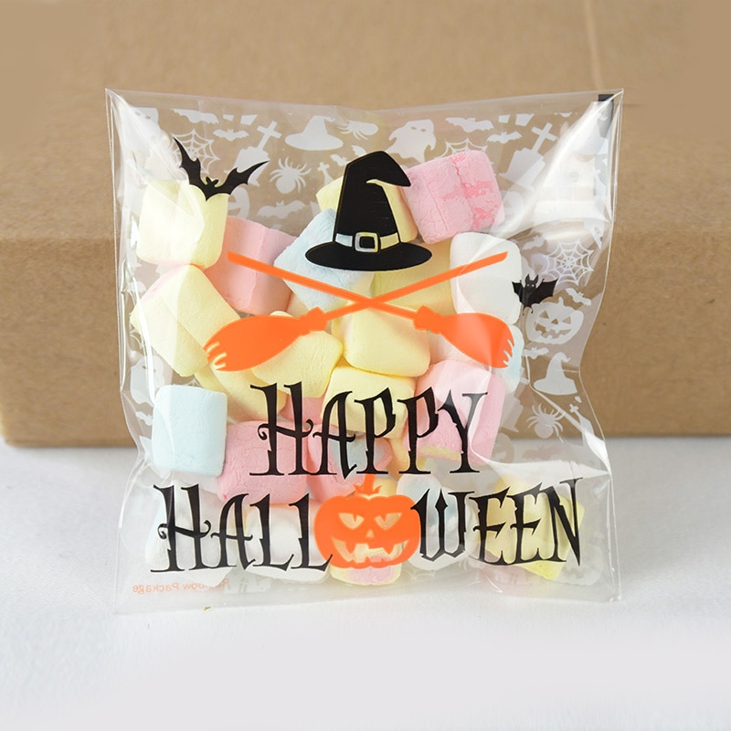 50 Stuks 10*10Cm Happy Halloween Bags Cookie Candy Zak Plastic Verpakking Zakken Voor Koekjes Snack Halloween party Decor Leveranties