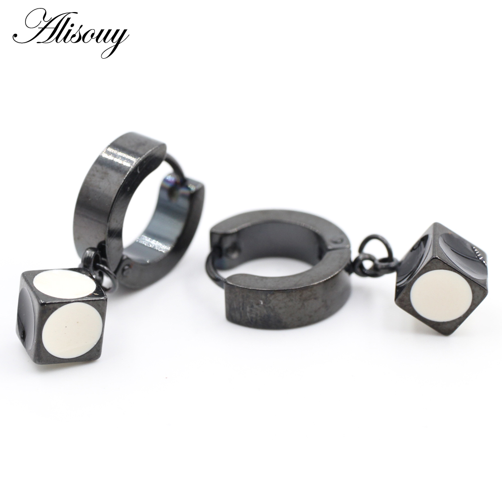 Alisouy 2 Stuks Punk Rvs Stud Huggie Hoop Oorbellen Voor Vrouwen Mannen Cube Vierkante Dice Dangle Oorbellen Hiphop Goth oorbellen: 6mm Black 2color