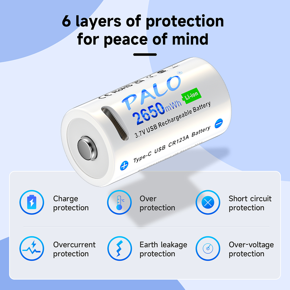 16350 USB CR123A Rechargeable Battery with Type C Port 2650mWh CR123 16340 Batteries Pack RCR123 Lithium Charge for Flashlight