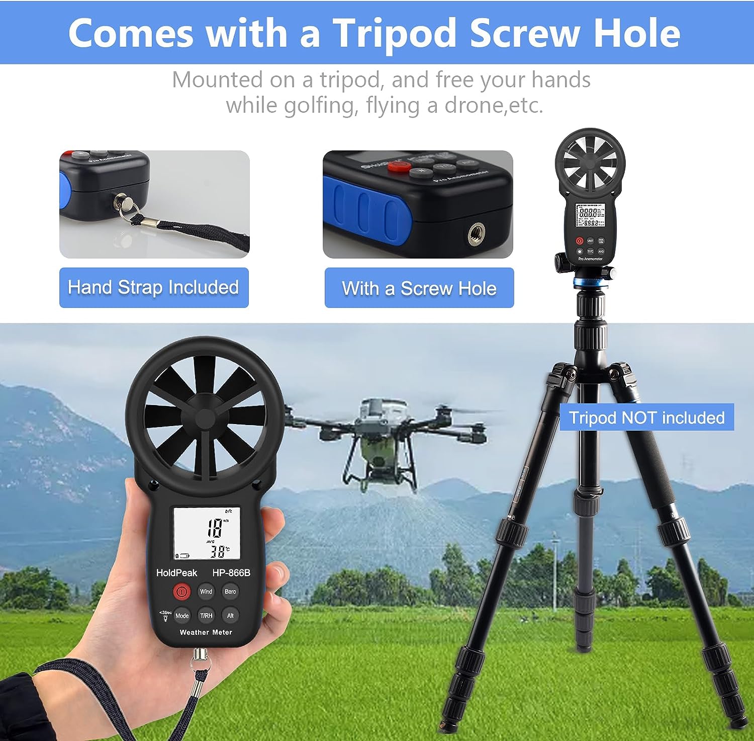 HoldPeak HP-866B Digital Anemometer Handheld Wind Speed Meter for Measuring Wind Speed Temperature and Wind Chill with Backlight