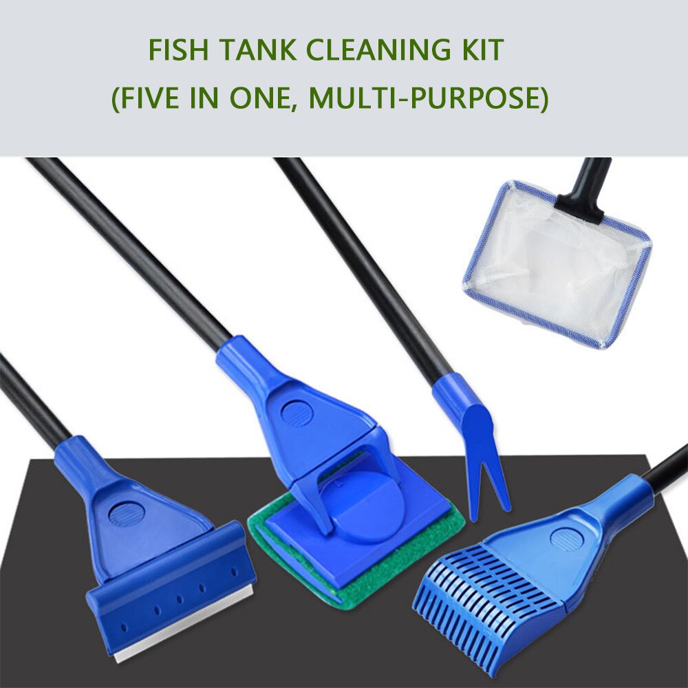 Durable 5 in 1 Aquarium Tank Cleaning Tools Set Fish Net Gravel Rake Algae Scraper Fork Sponge Brush Curve for Glass Window