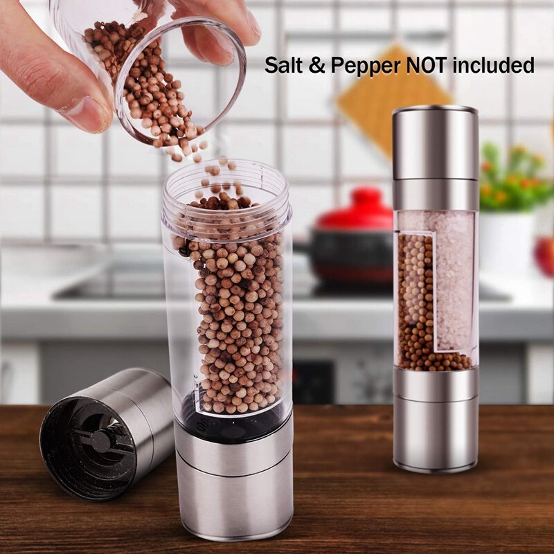 Stainless Steel Salt And Pepper Grinder 2 In 1 Manual Salt & Pepper Mill Shakers Refillable With Dual Adjustable Coarseness And