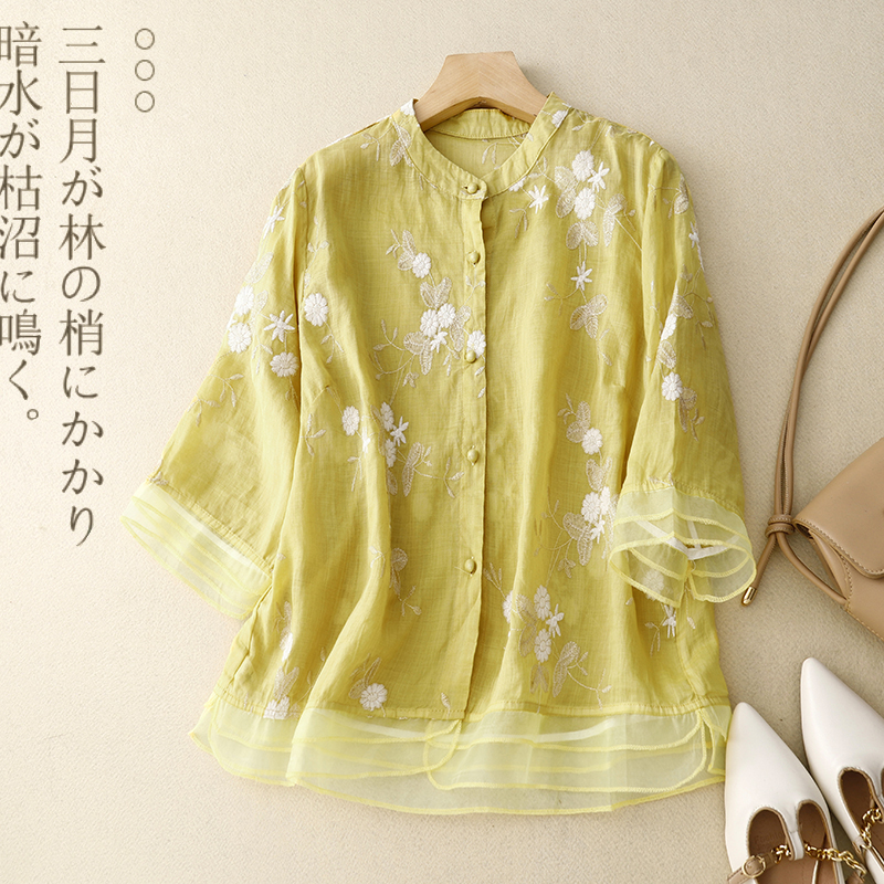 Frühling Sommer Frauen Hemd Bluse gespleißt Dreiviertel Gaze Stand Hals einreihig Brüste Folk bestickte Strickjacke Tops: XL / YELLOW