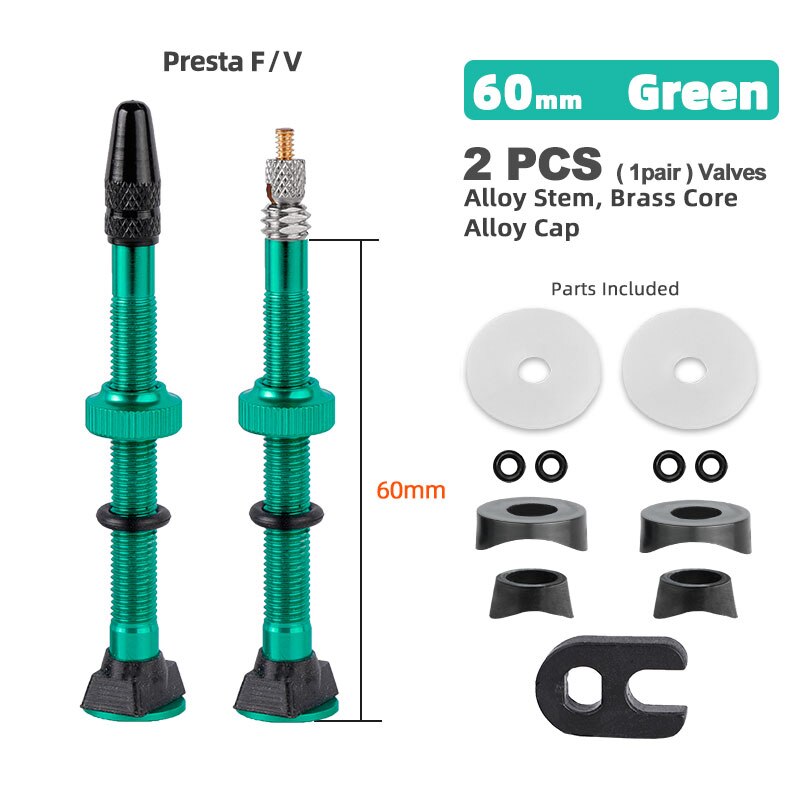 Bicicletta 1 paio 40/45/60mm Presta Valve per strada Tubeless Rim nucleo in ottone con tappo e strumento: 60mm Alloy Green B