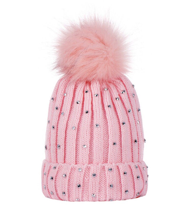 Style Girl Crystal Winter Warm Knit Beanie Hat Kid Cap Knitting Wool Patchwork With Ball: Pink