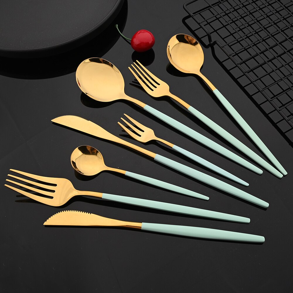 Mint Gold Tableware Cutlery Set Mirror Stainless Steel Dinnerware Dessert Knife Fork Ice Spoon Flatware Set Dinner Silverware