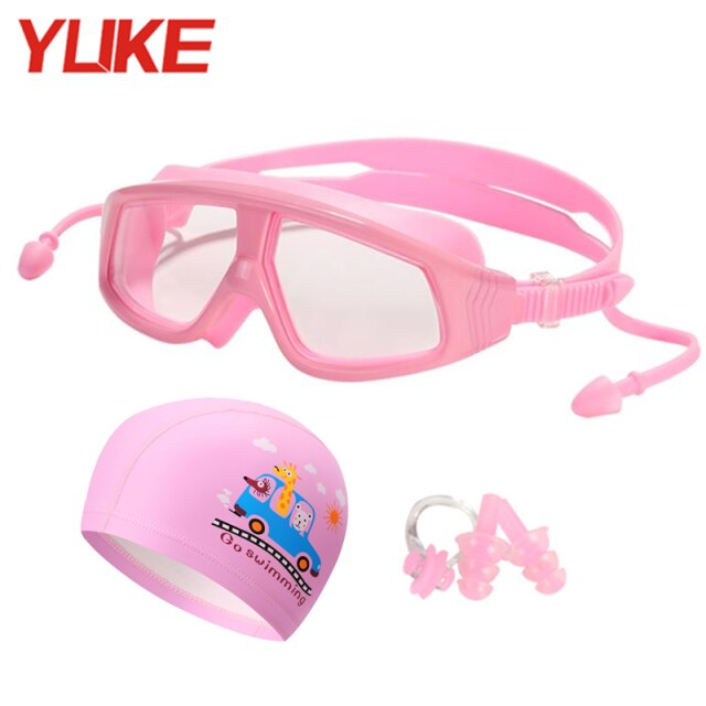 YUKE Kids Swimming goggles Anti-Fog With Swim Cap Bag Children swim Eyewear Waterproof Boys Girls Pool glasses: PINK