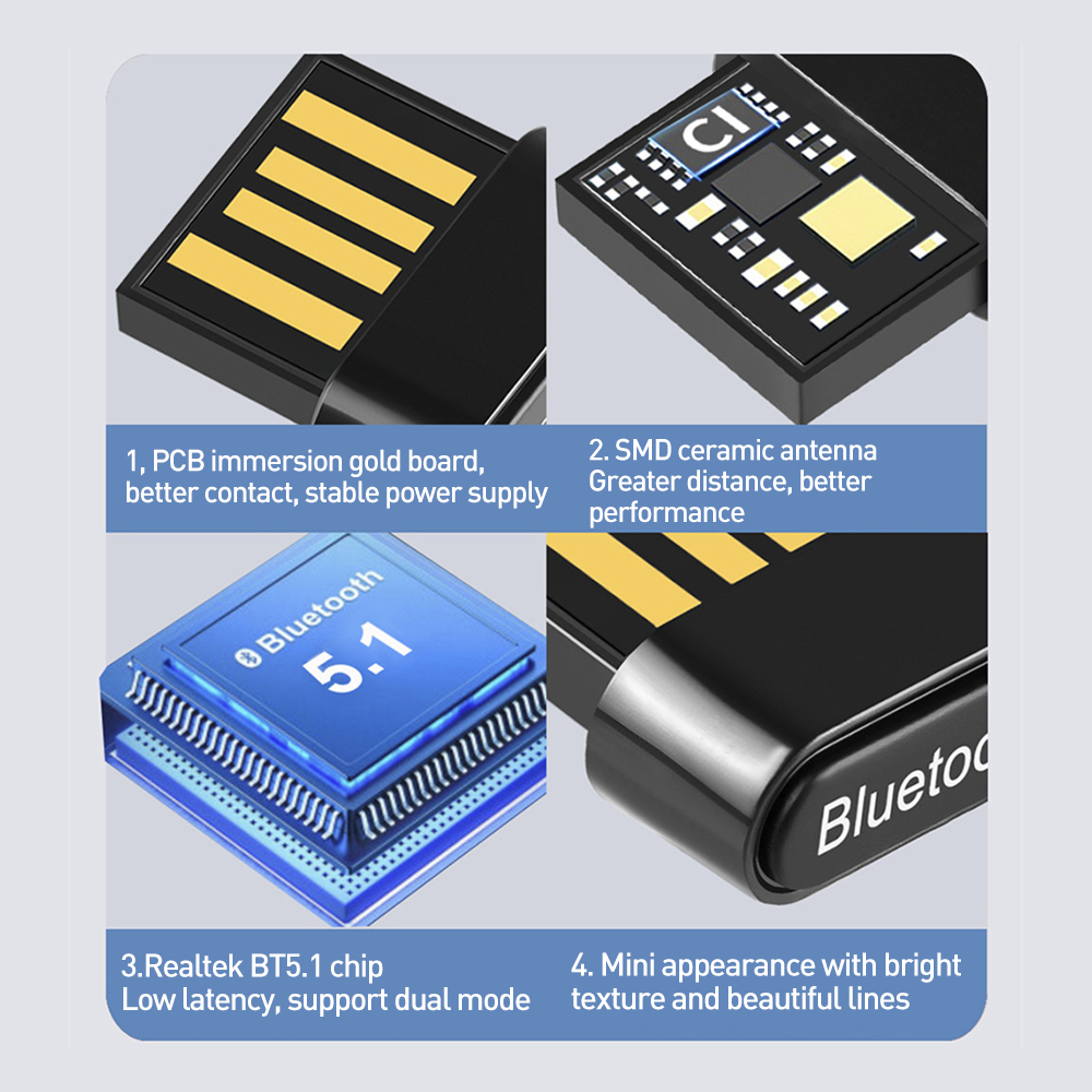 USB Bluetooth Adapter 5.1 Computer Bluetooth Transmitter Driver-Free Bluetooth Audio Receiver for PC Windows 7/8/8.1/10/11