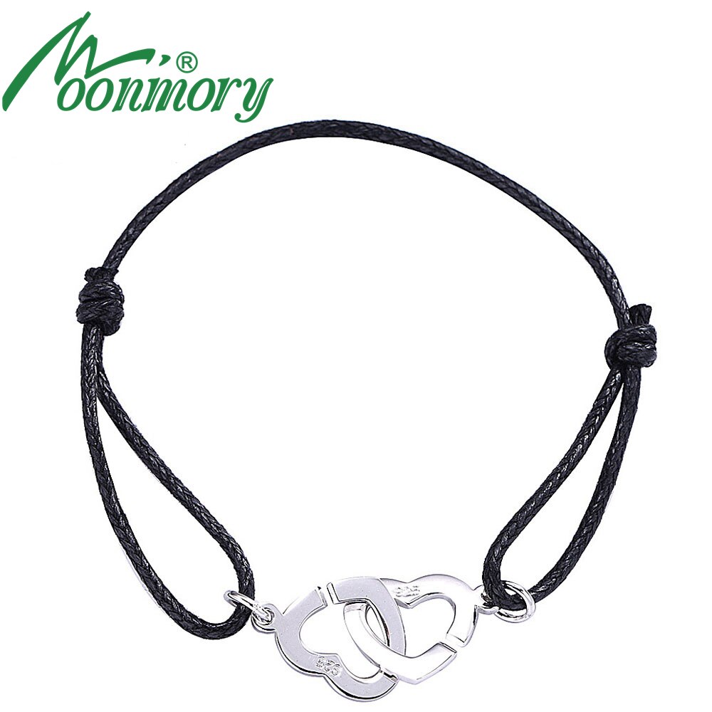 Heart Shaped 925 Prata Duplo Coeurs Moonmory Pulseira Para Mulheres E Homens Com Preto Corda Ajustar Pulseira Atacado