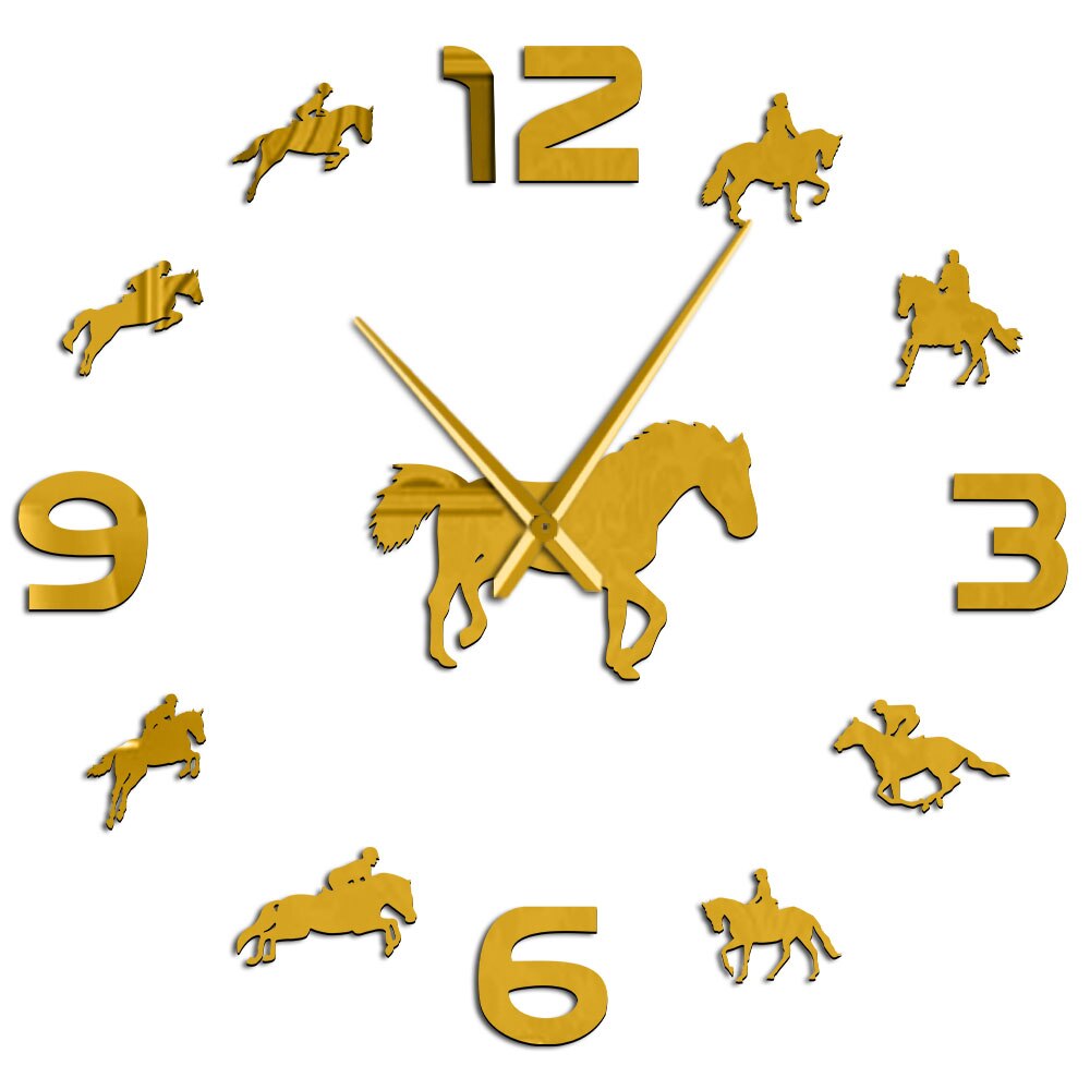 Reit Quarz Uhr Batterie Betrieben Selbst Klebe DIY 3D Wanduhr Reiten Große Nadeln Spiegel Effekt Hause Dekor: Gold / 47 Zoll