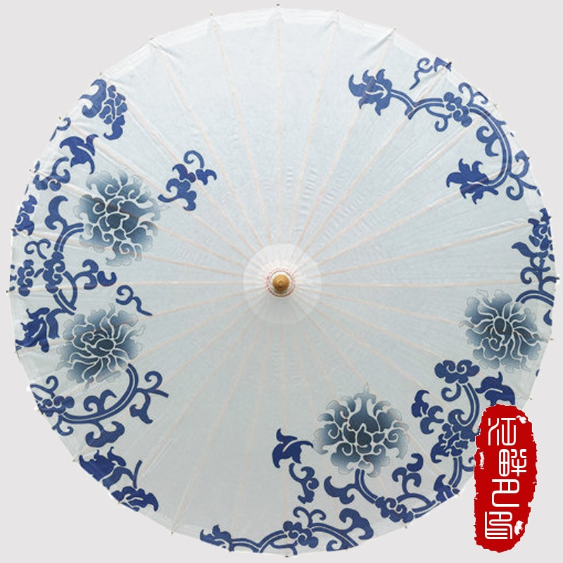 Chinese Blue and White Porcelain Paper Umbrella Japanese Style Oiled Paper Parasol Pink Female Wedding Cosplay Props