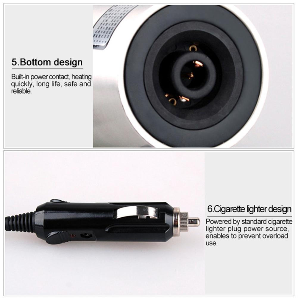 12V Car Electric Stainless Steel Travel Heating Cup Coffee Tea Drinking Cup Mug Black With Cigarette Lighter Cable