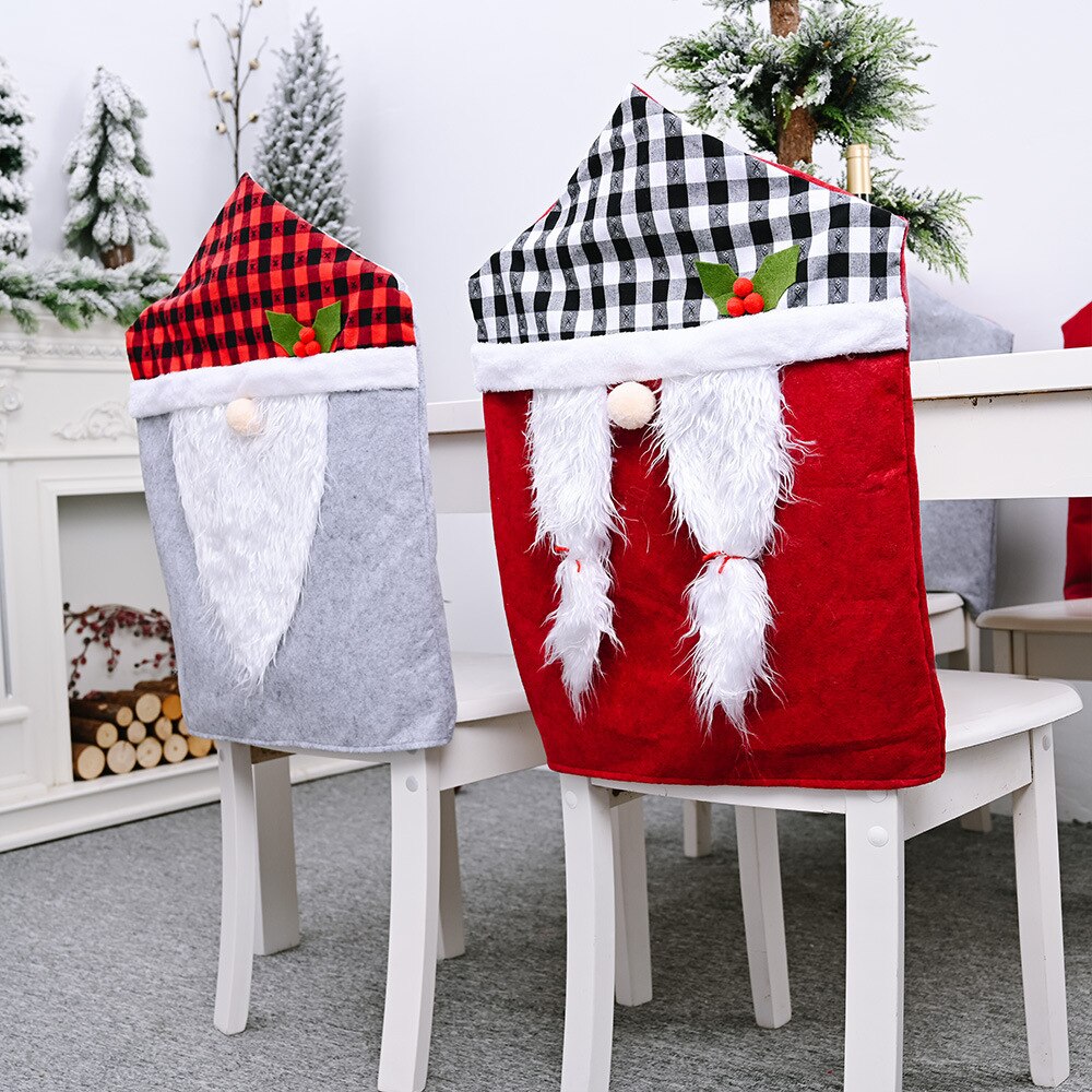 Plaid forest old man chair cover faceless doll stool cover cartoon chair cover backrest Christmas decorations