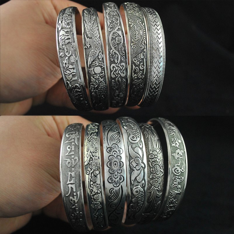 Nuevas pulseras Retro, brazaletes tibetanos de plata y Metal tallado, brazaletes de flores de elefante y pez, joyería gitana Vintage, para mujer