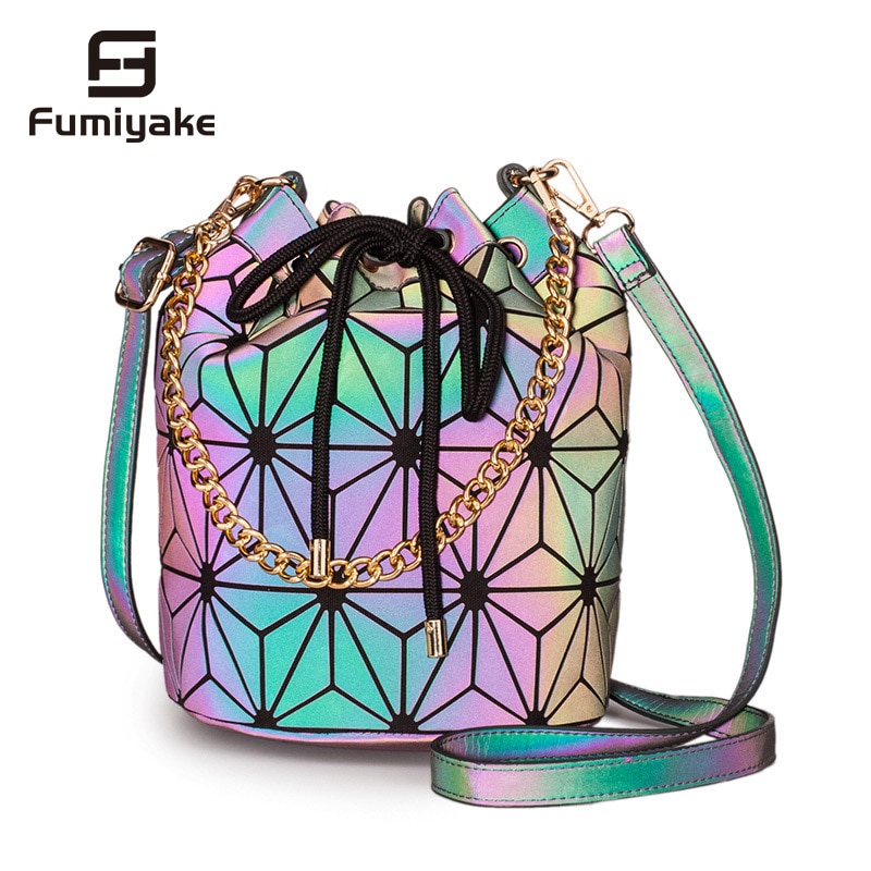 Fumiyake geometrische reflecterende lichtgevende emmertas dames handtassen crossbody schoudertassen voor meisjes