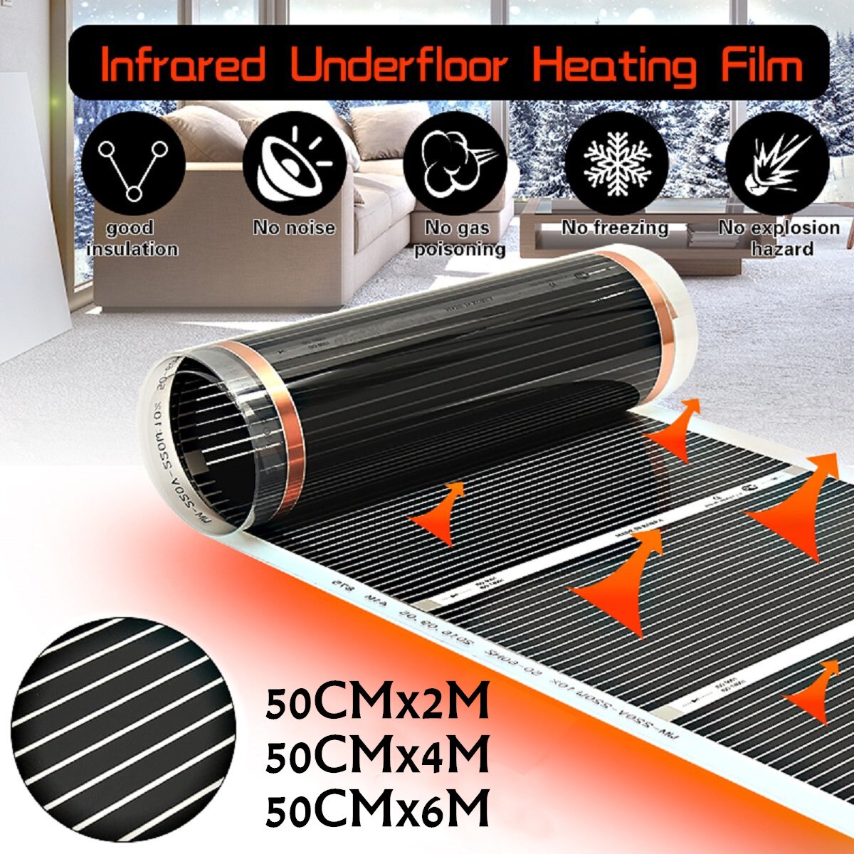 60Degree 50cmx2/4/6m Electric Home Floor Infrared Underfloor Heating Warm Film Mat