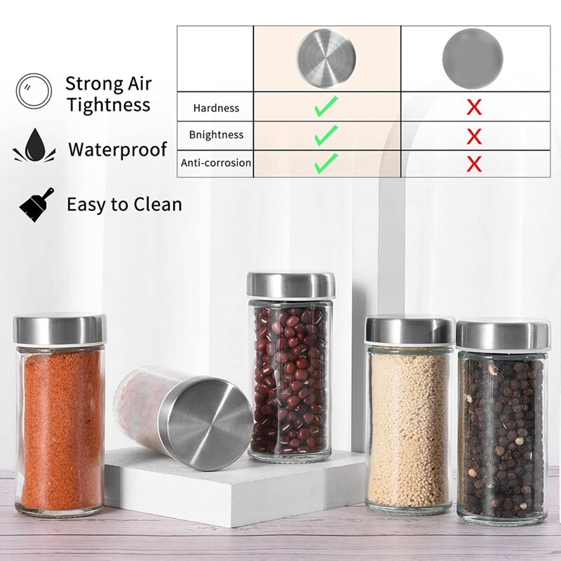 -6 Spice Jars With Shaker Insert, Stainless Steel Lid, Spice Jars, Round Spice Shaker, Transparent Spice Container