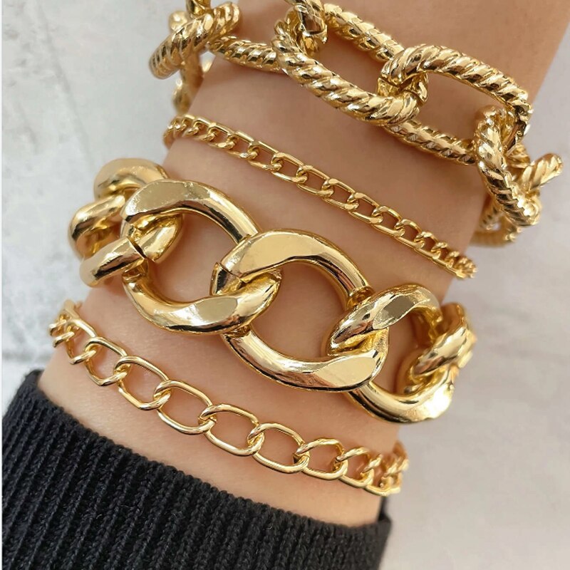 Conjunto de pulsera de cadena de eslabones de Color dorado para mujer, brazaletes de cadena cubana gruesa estilo bohemio, conjunto de joyería de , artículos de , 4 Uds.