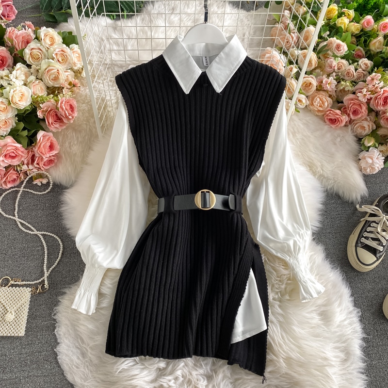 Chemise à manches lanternes pour femmes, gilet tricoté, ensemble deux pièces de style collégien, gilet à la taille, top UK900, printemps-automne
