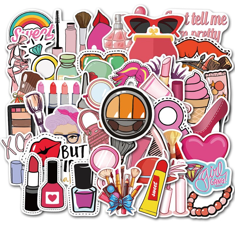 50Pcs Meisjes Dagelijks Cosmetica Sticker Parfum Lippenstift Decoratieve Sticker Voor Koffer Bagage Bureau Laptop Sticker