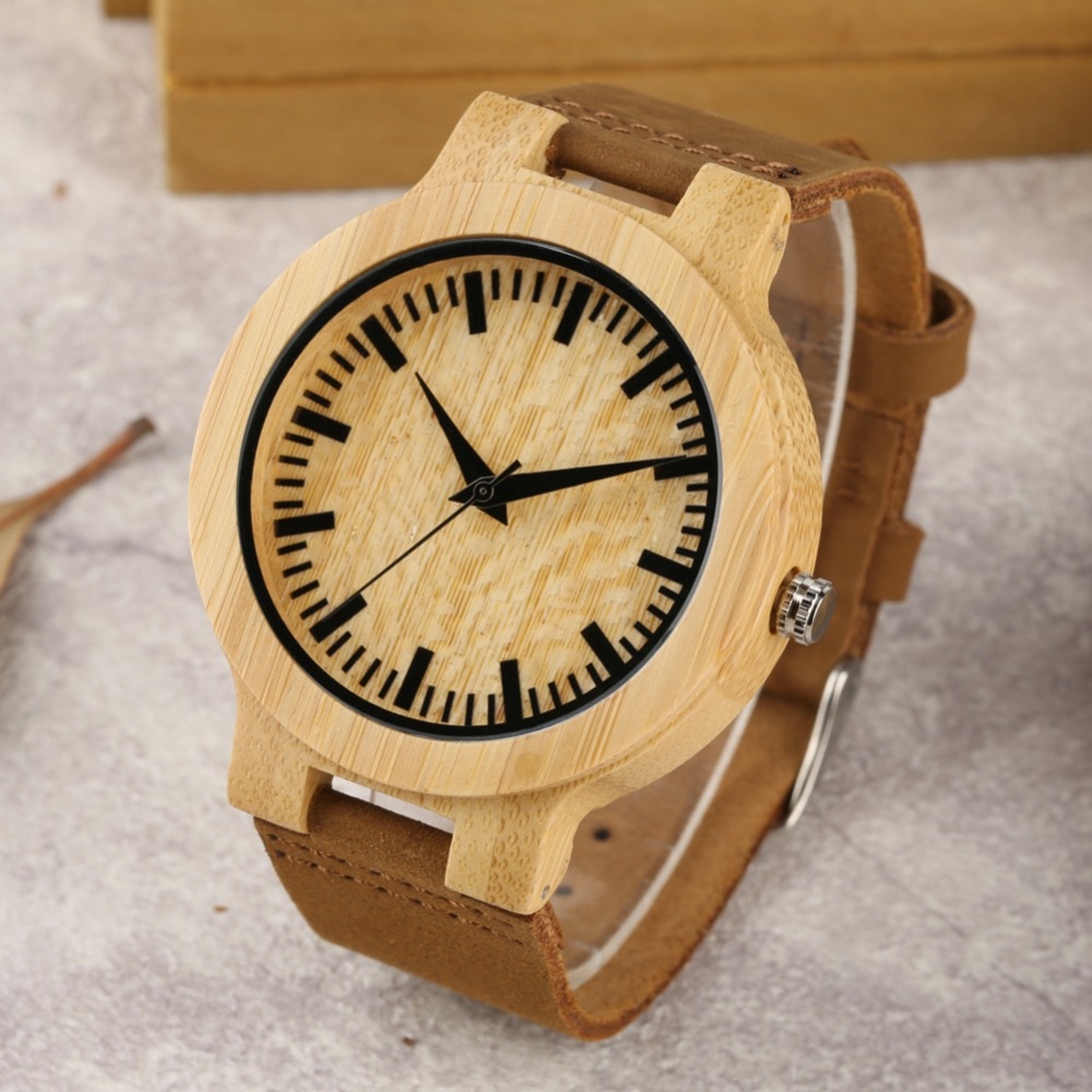 Houten horloge heren leren band natire lichtgewicht bamboe polshorloge eenvoudig quartz sport heren houten horloges