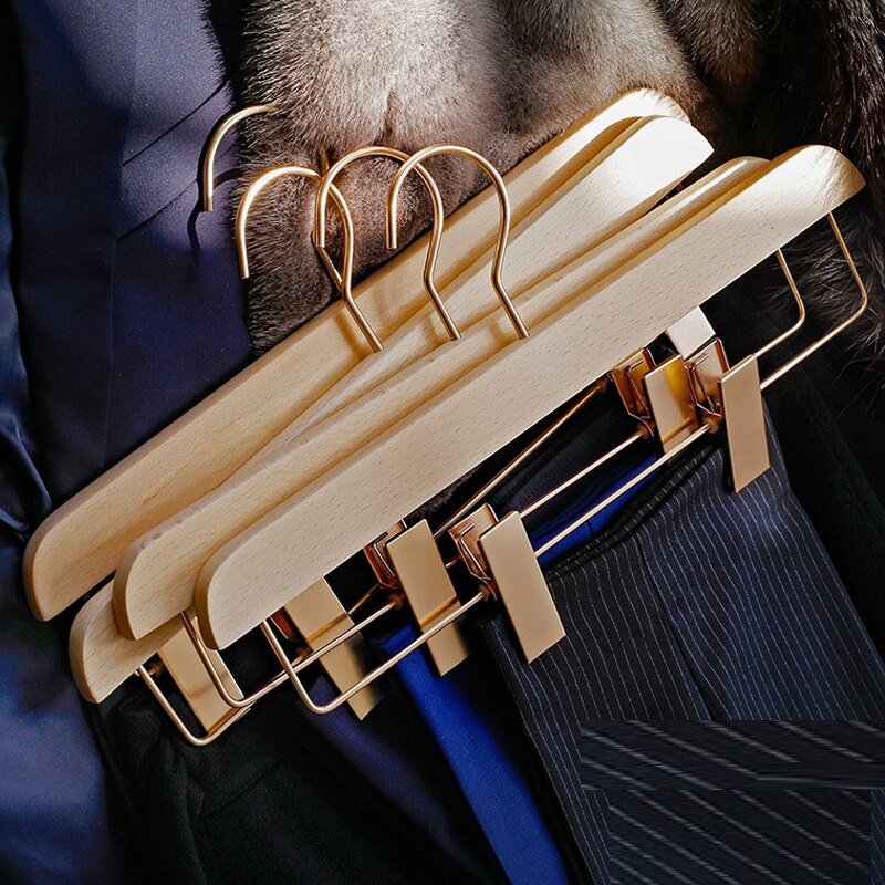 SHIMOYAMA 3 stücke Rose Gold Hosen Lagerung Gestell Buche Kleiderschrank Hosen Felsen KleiderbüGel mit Clips Multi-funktionale Wandschrank Organizer