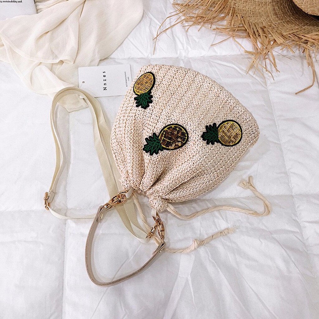 Bolsa de ombro feminina bolsa de ombro saco de balde de palha pineappl mensageiro sacos de praia