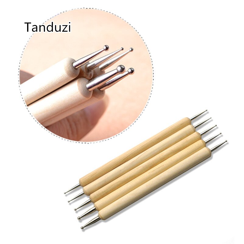 Tanduzi 5 pièces stylet à bille pâte polymère poterie céramique sculpture outils de modélisation manche en bois outils en argile pointe d'ongle stylos de forage