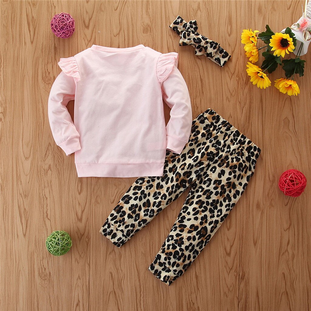 Autunno abbigliamento per bambini del vestito delle ragazze di modo di amore della camicia a maniche lunghe + pantaloni di stampa leopardo + set fascia dei capelli rosa детская одежда 50 *
