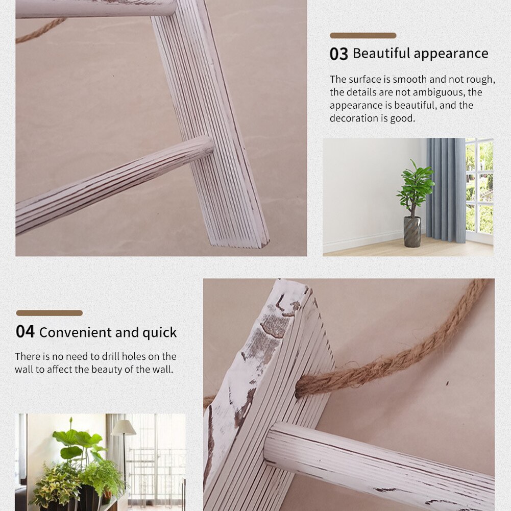 Mini escalera de almacenamiento de madera para baño y sala de estar, toallero Retro de 3 niveles con cuerda, decoración blanca para el hogar, dormitorio, colgador de pared