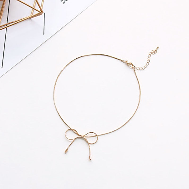 Mode Eenvoudige Goud Zilver Kleur Boog-knoop Korte Choker Vrouwelijke Charme Sleutelbeen Kettingen Kraag Choker Ketting Partij Sieraden Bijoux