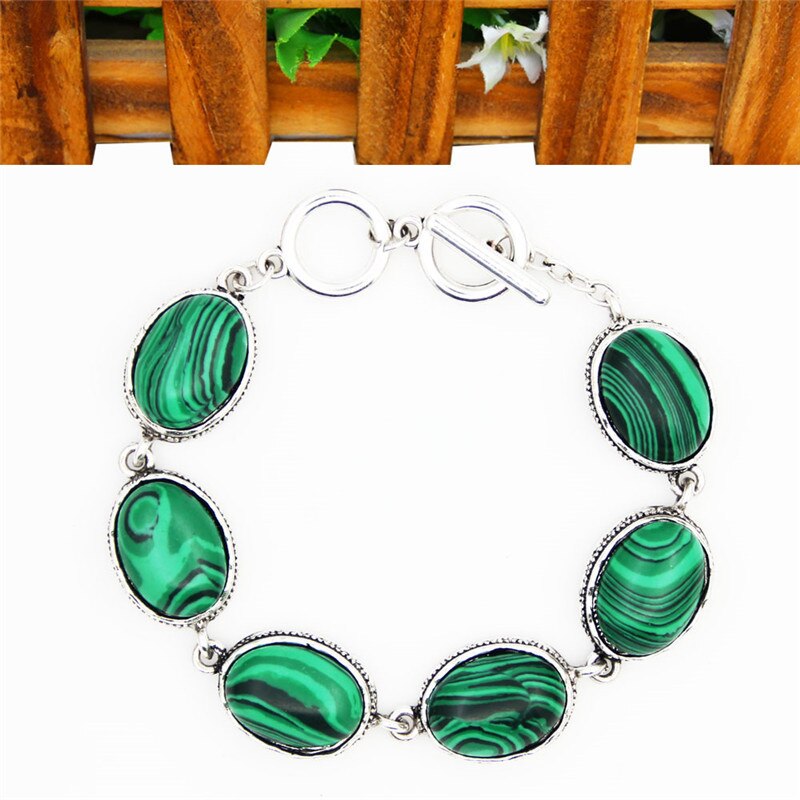 Oval Synthetische Malchite Strang Armbänder Für Frauen Antike Silber Überzogene Vintage Look Schmuck TB325