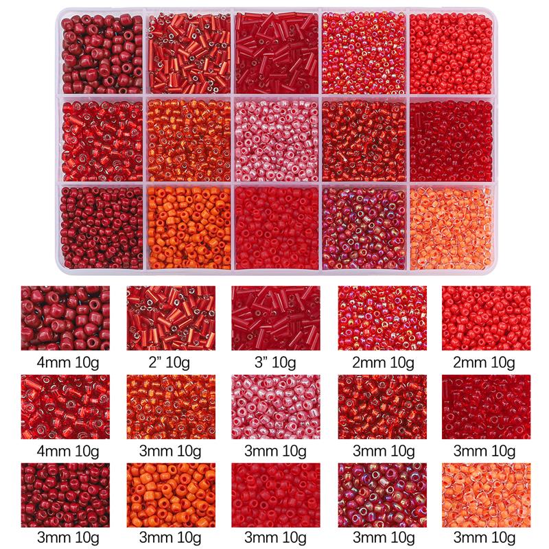 Juego de cuentas de vidrio de 15 colores para hacer pulseras, cuentas espaciadoras sueltas con caja de almacenamiento, Kit de tubos para manualidades, dijes de collares: Rojo