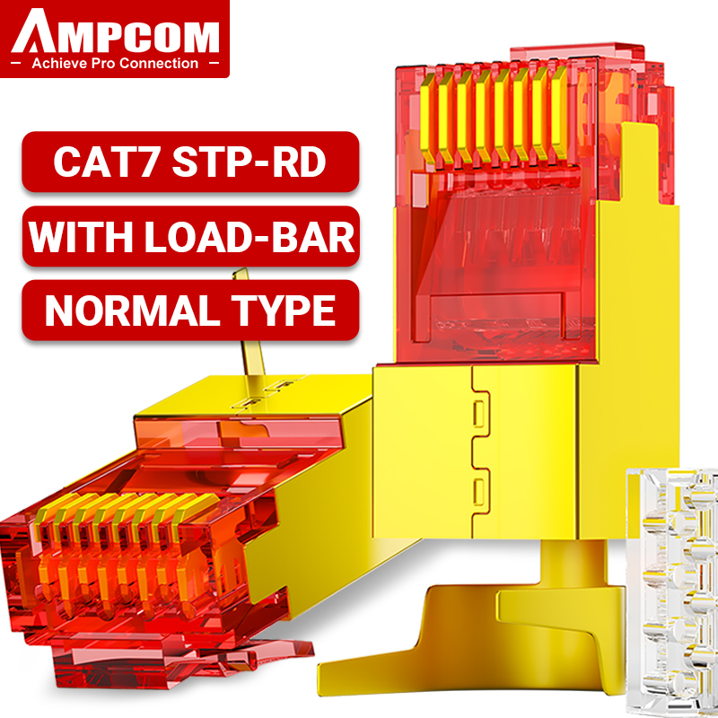 AMPCOM RJ45 Connector 50U Gold Plated CAT7 CAT6 CAT5E Pass through Modular Plug 8P8C Crimp End for Solid Wire Stanrded Ethernet