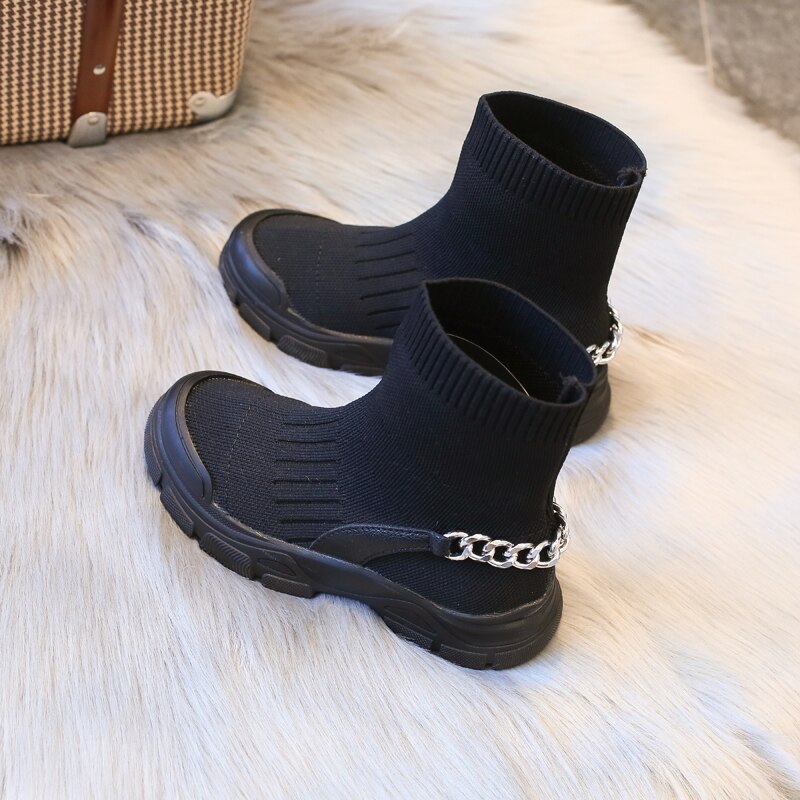 Bottes extensibles noires pour enfants, chaussures montantes respirantes et décontractées à la pour bébés filles, d&#39;automne