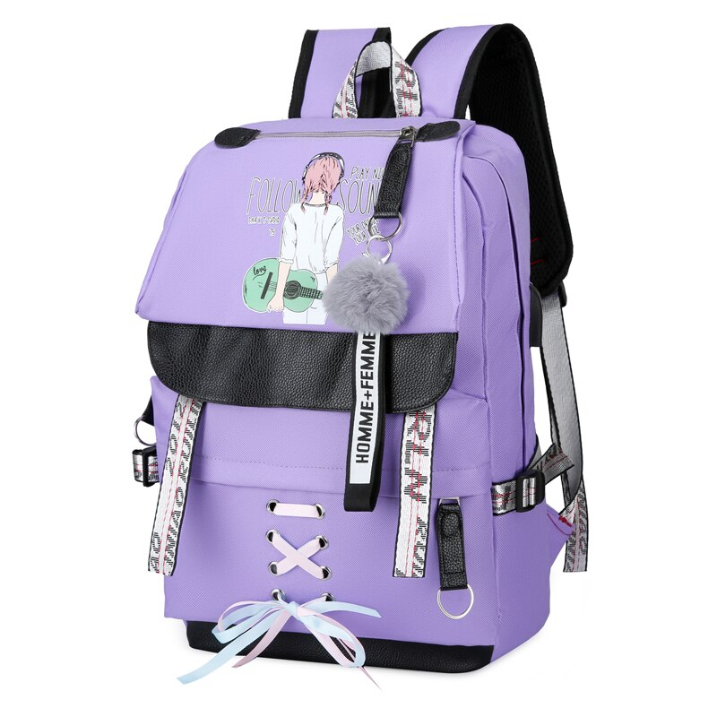 Tela di Grandi Dimensioni Capacità Usb Borse Da Scuola per Le ragazze Adolescenti Donne Zaino Bookbags Verde Medio Alta Università Adolescenti Zaino della Ragazza: viola music