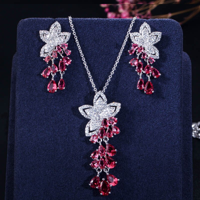 CWWZircons Cubic Zirconia Tassel Flower Earrings and Pendant Necklace Ladies Jewelry Sets T334: red