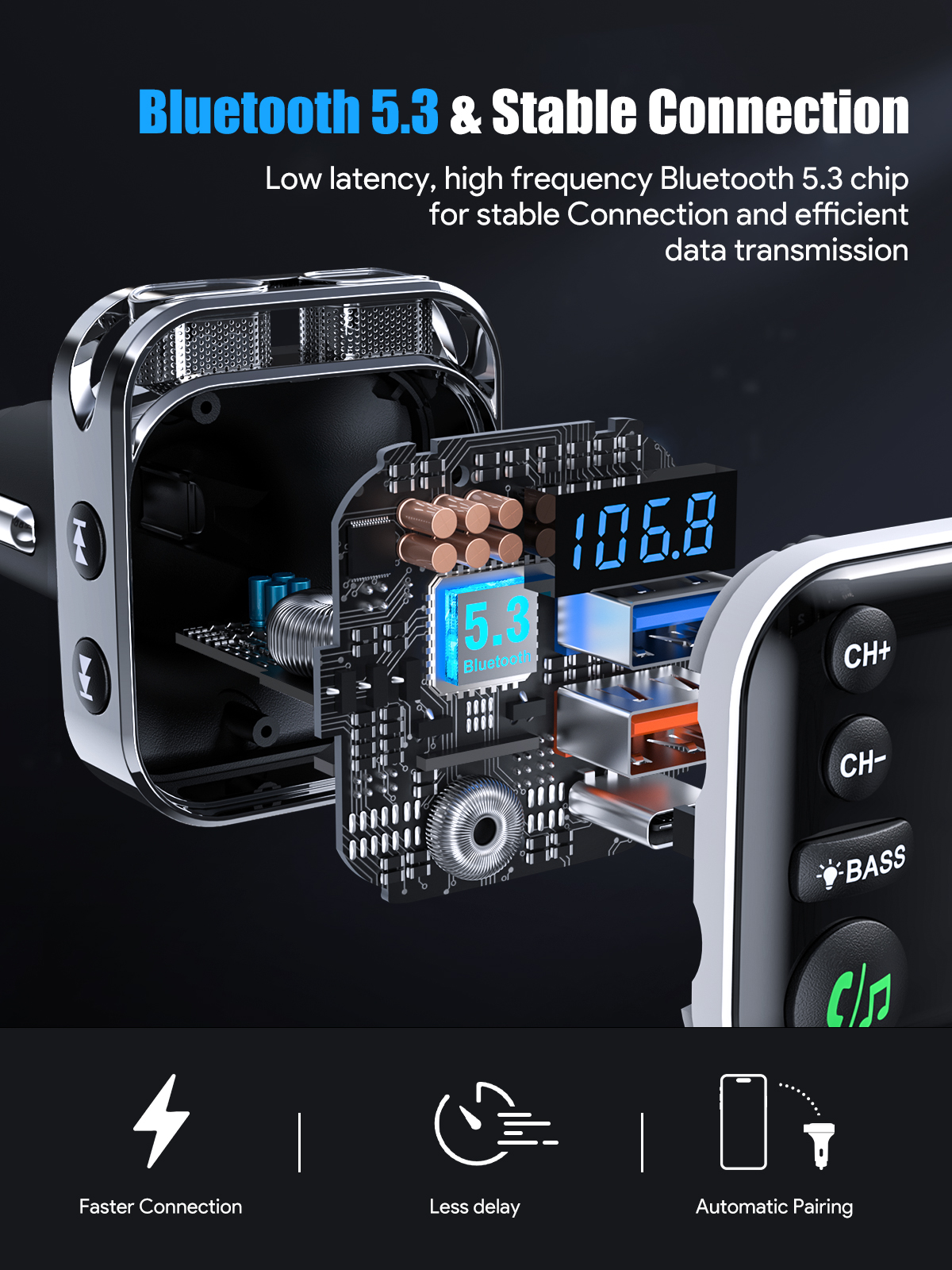 LENCENT Trasmettitore FM Bluetooth 5.3 PD 30W e QC3.0 Caricatore rapido Adattatore per auto Bluetooth kit per auto con musica Ciao-Fi/chiamate trasparenti