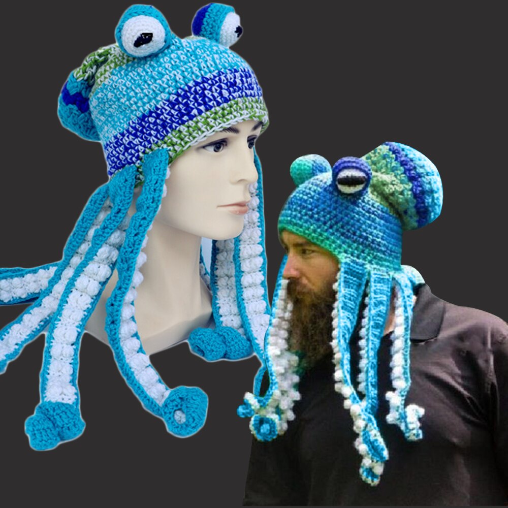 Knit Octopus Hats Beard Hand Weave Wool Christmas Cosplay Party Funny Tricky Headwear Warm Winter Men Hat Bonnet