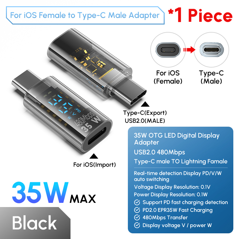 Adaptador de cargador Lightning hembra a USB C de 35W para IPhone 15 14 13 12 Pro Max tipo C conector de probador de potencia de carga de 8 pines