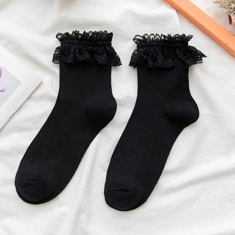 Kawaii Lace Crimping Japanese Lolita Sockings Cotton JK White Black Harajuku Happy Soft Loose Funny Girl Women Socks: LW2012X